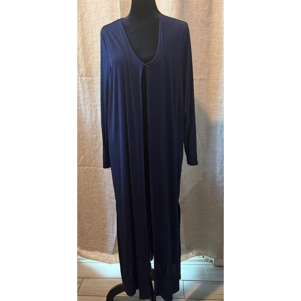 Vintage Carolyn Strauss Navy Blue Long Duster Cardigan 1X Made in USA Slink Knit